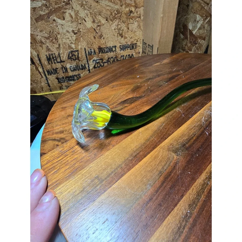 Hand Blown Art Glass Flower Long Green Stem Yellow Center Clear Petals 12 Inch